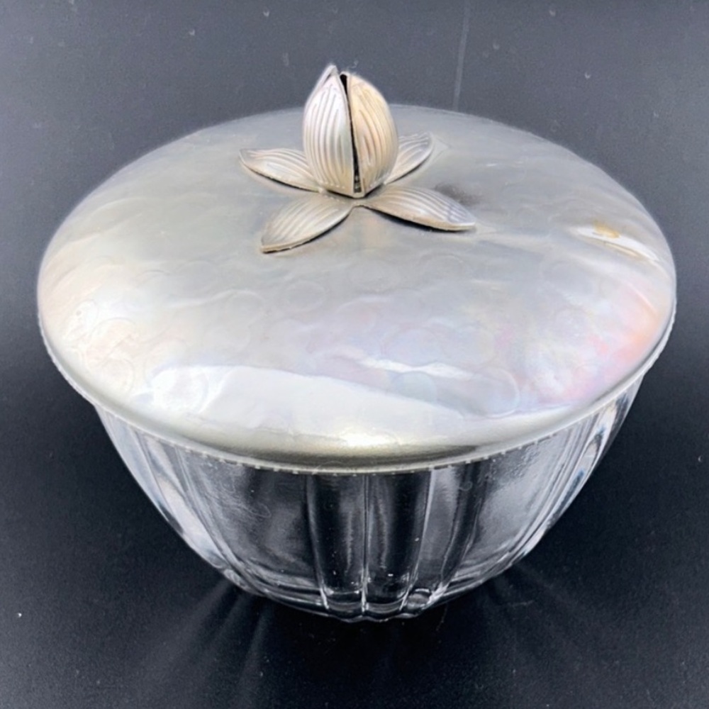 Vintage MCM Rodney Kent Hammered Aluminum Silver Decorative Glass Bowl Tulip Lid